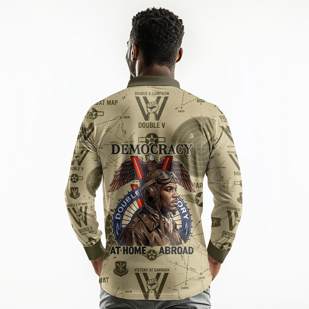 Double V Campaign Tuskegee Airmen Long Sleeve Polo Shirt Vintage Military Aviation P-51 Mustang World War II Art