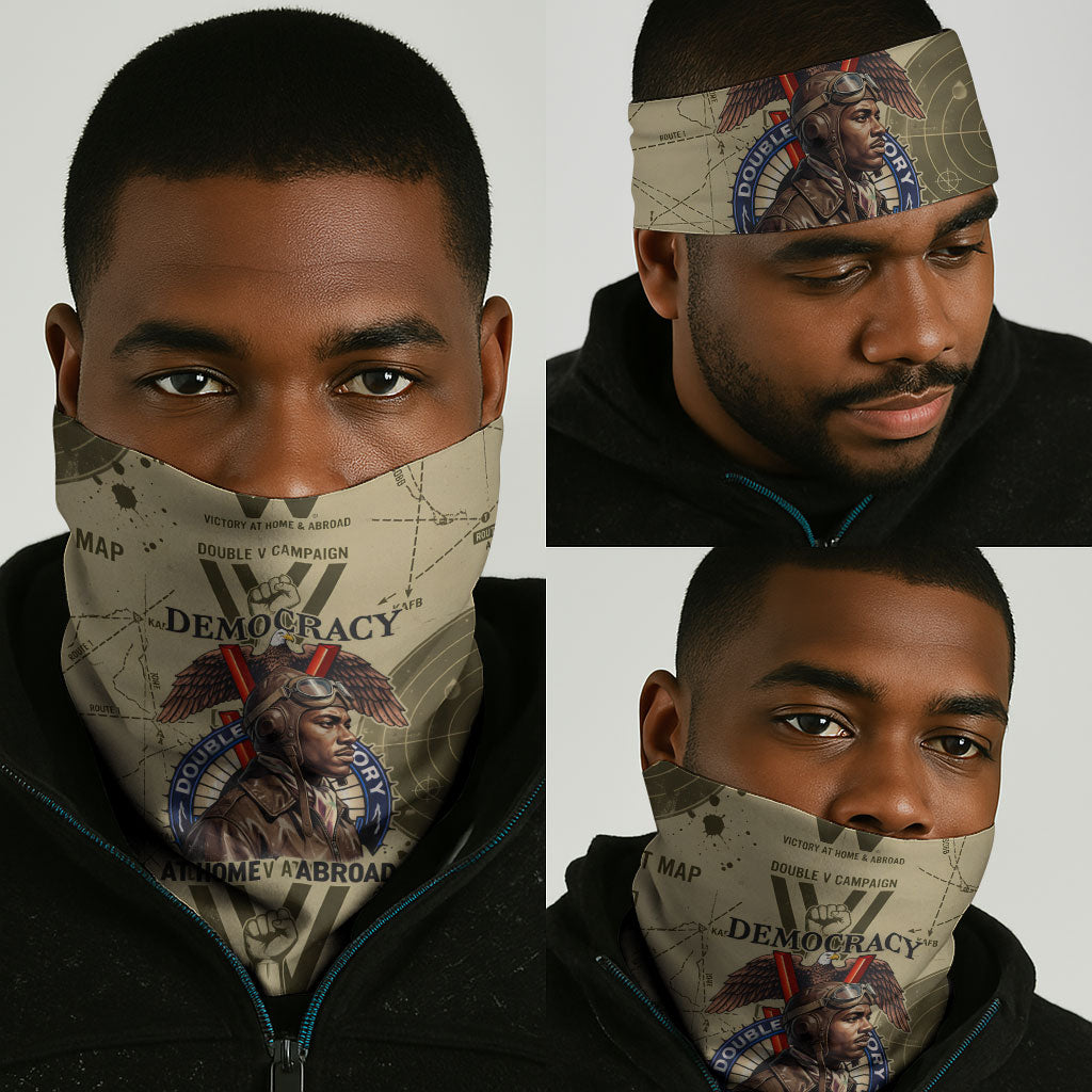 Double V Campaign Tuskegee Airmen Neck Gaiter Vintage Military Aviation P-51 Mustang World War II Art