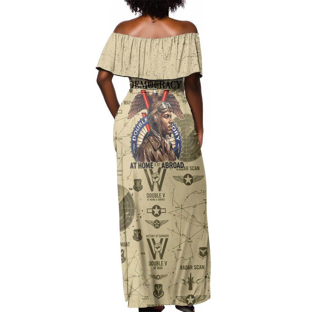 Double V Campaign Tuskegee Airmen Off Shoulder Maxi Dress Vintage Military Aviation P-51 Mustang World War II Art