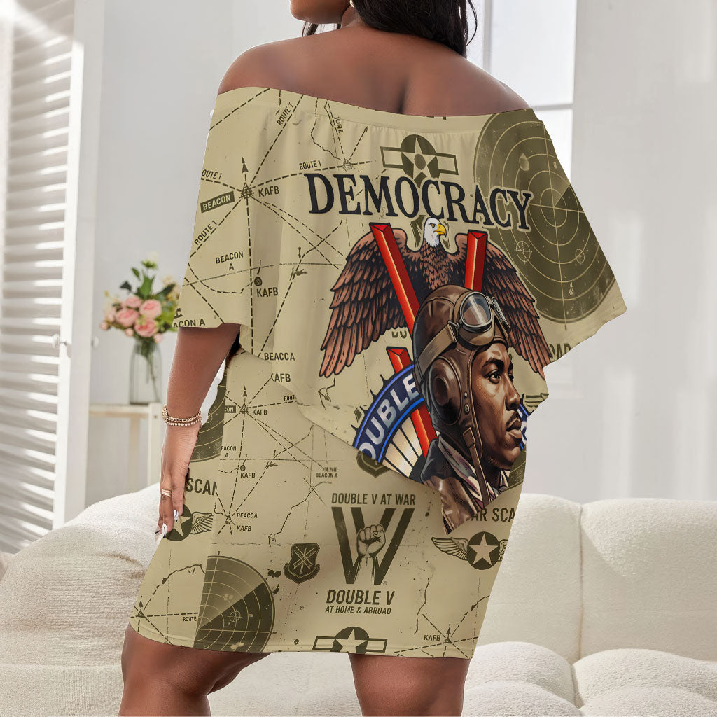Double V Campaign Tuskegee Airmen Off Shoulder Short Dress Vintage Military Aviation P-51 Mustang World War II Art