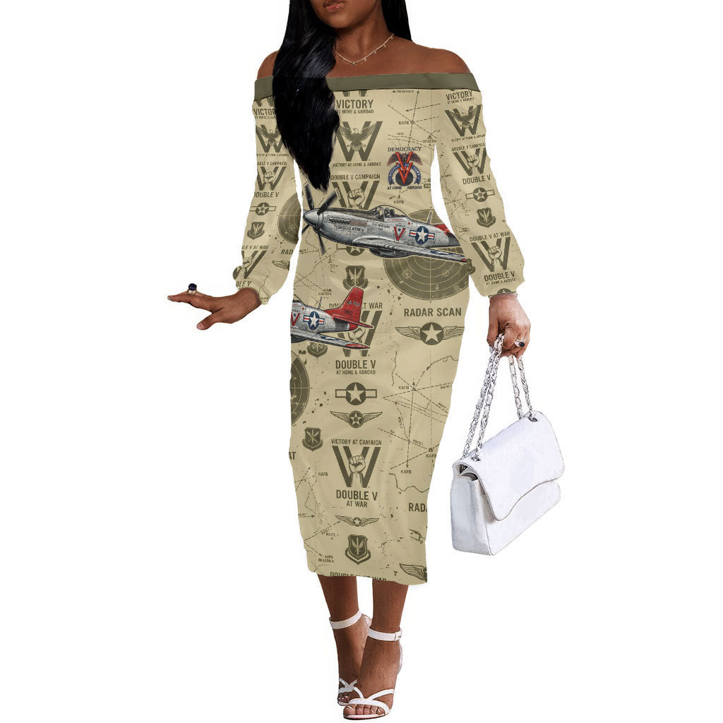 Double V Campaign Tuskegee Airmen Off The Shoulder Long Sleeve Dress Vintage Military Aviation P-51 Mustang World War II Art