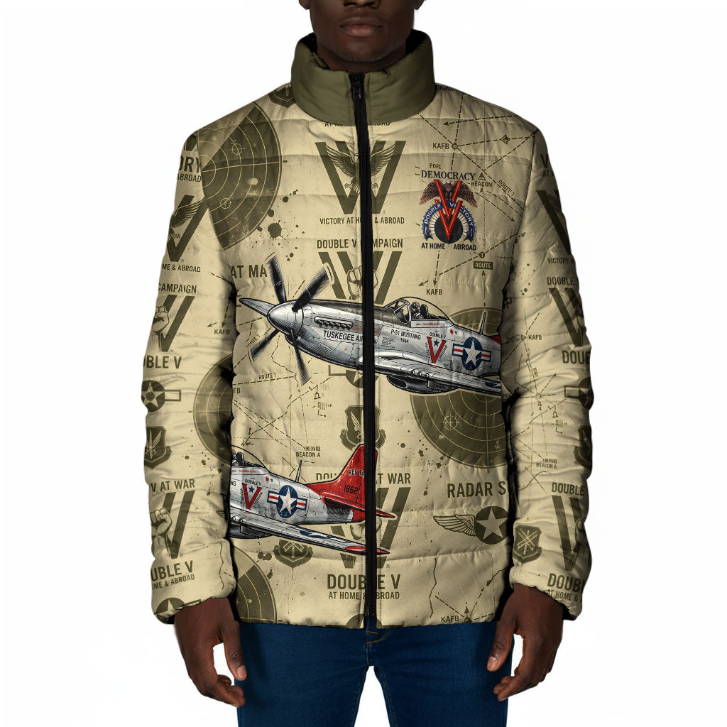 Double V Campaign Tuskegee Airmen Padded Jacket Vintage Military Aviation P-51 Mustang World War II Art