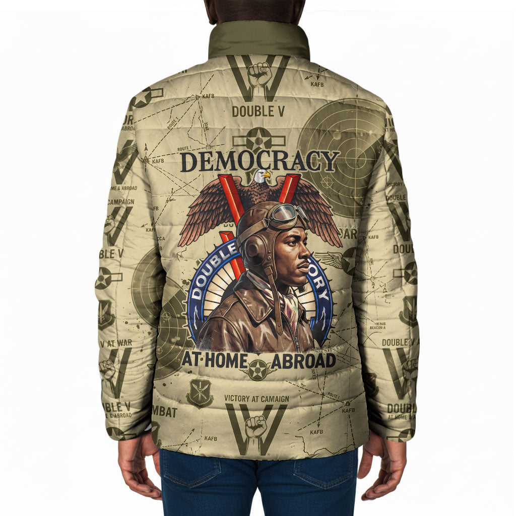 Double V Campaign Tuskegee Airmen Padded Jacket Vintage Military Aviation P-51 Mustang World War II Art