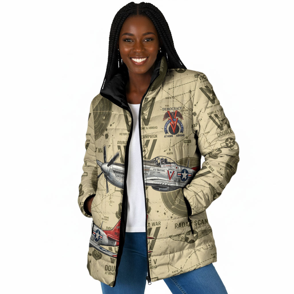 Double V Campaign Tuskegee Airmen Padded Jacket Vintage Military Aviation P-51 Mustang World War II Art