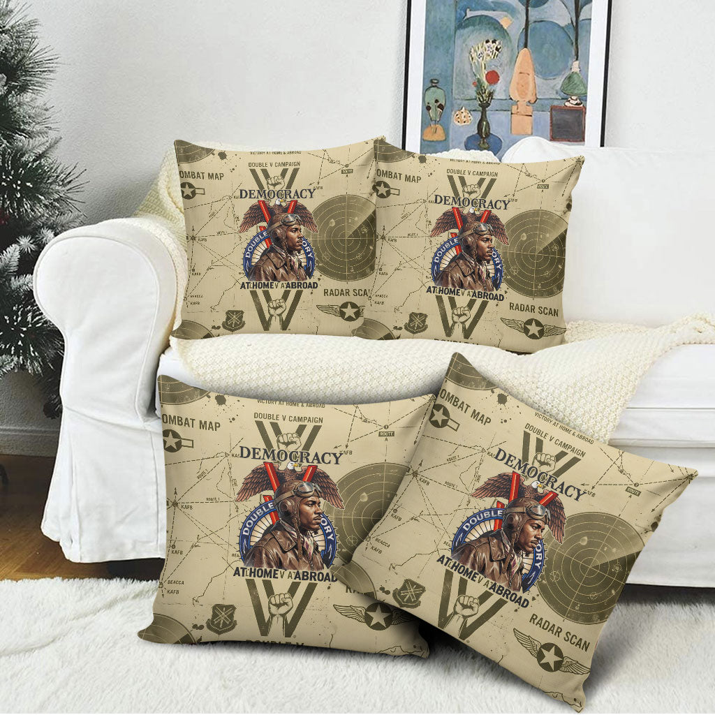 Double V Campaign Tuskegee Airmen Pillow Cover Vintage Military Aviation P-51 Mustang World War II Art