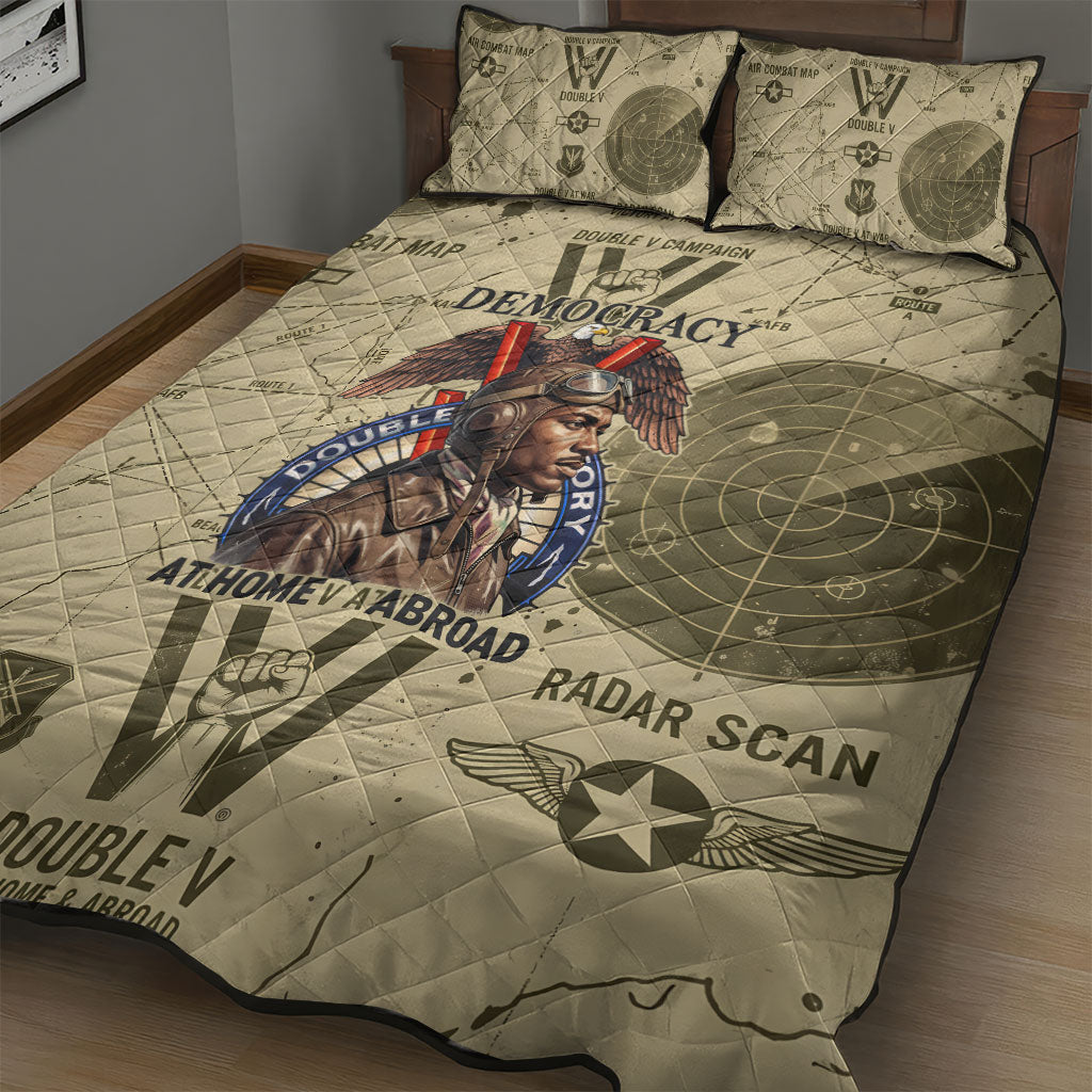 Double V Campaign Tuskegee Airmen Quilt Bed Set Vintage Military Aviation P-51 Mustang World War II Art