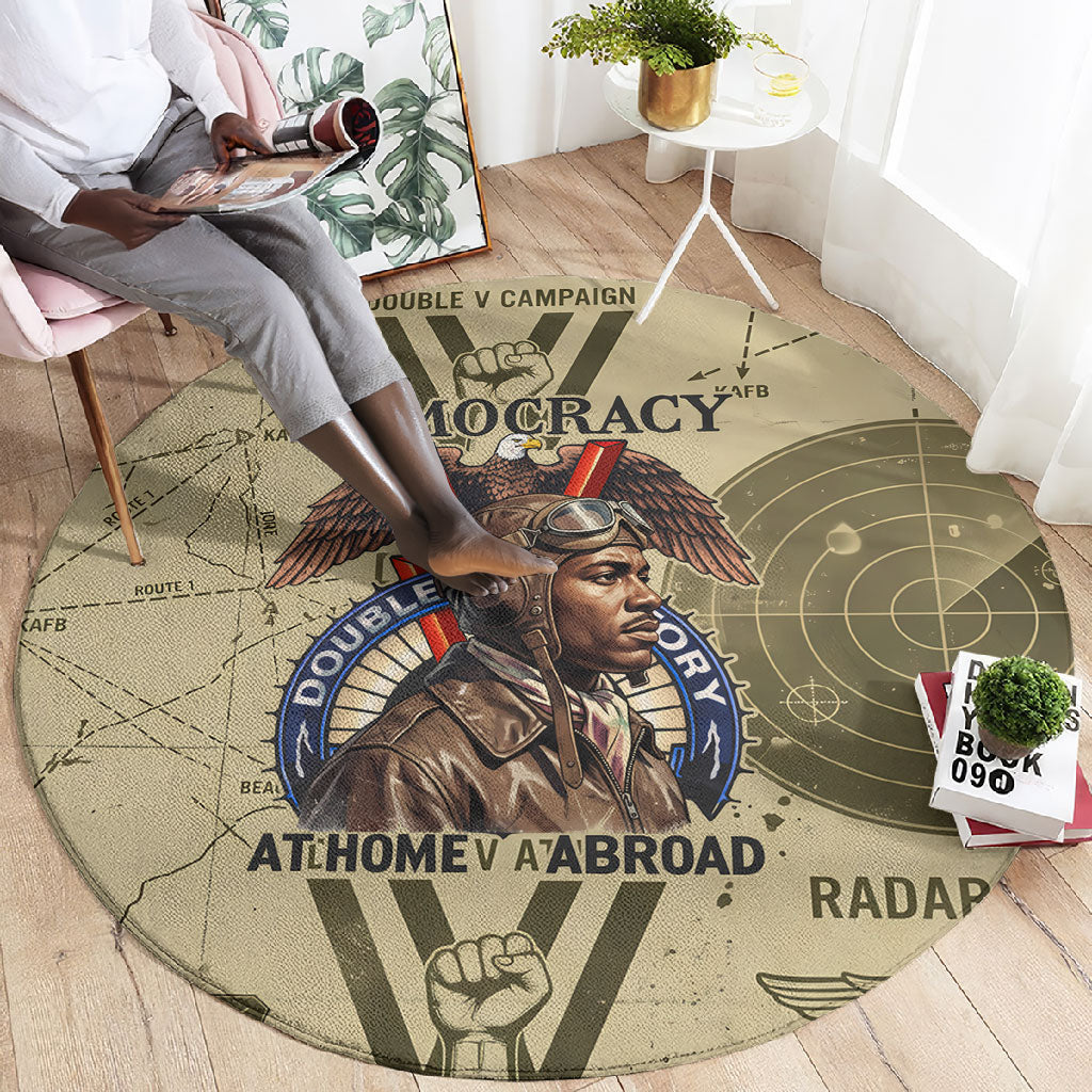 Double V Campaign Tuskegee Airmen Round Carpet Vintage Military Aviation P-51 Mustang World War II Art