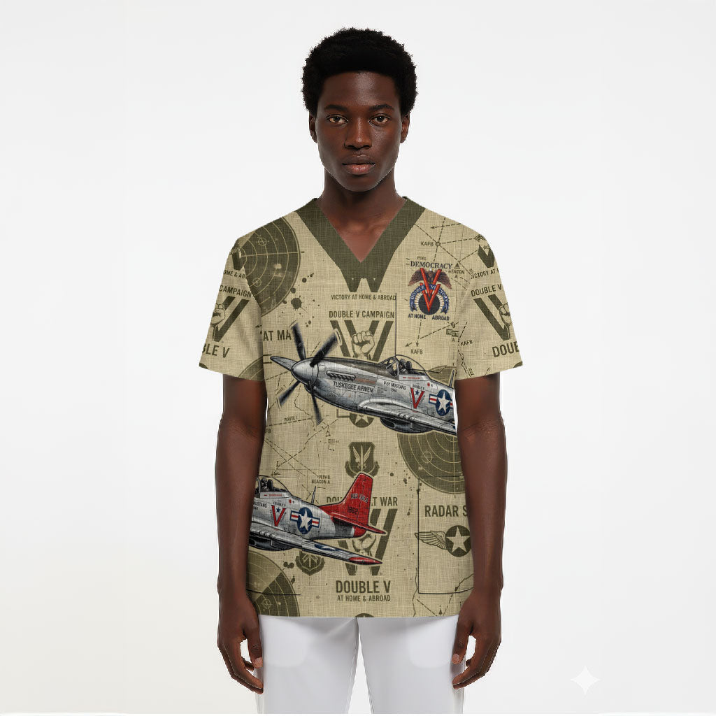 Double V Campaign Tuskegee Airmen Scrub Top Vintage Military Aviation P-51 Mustang World War II Art