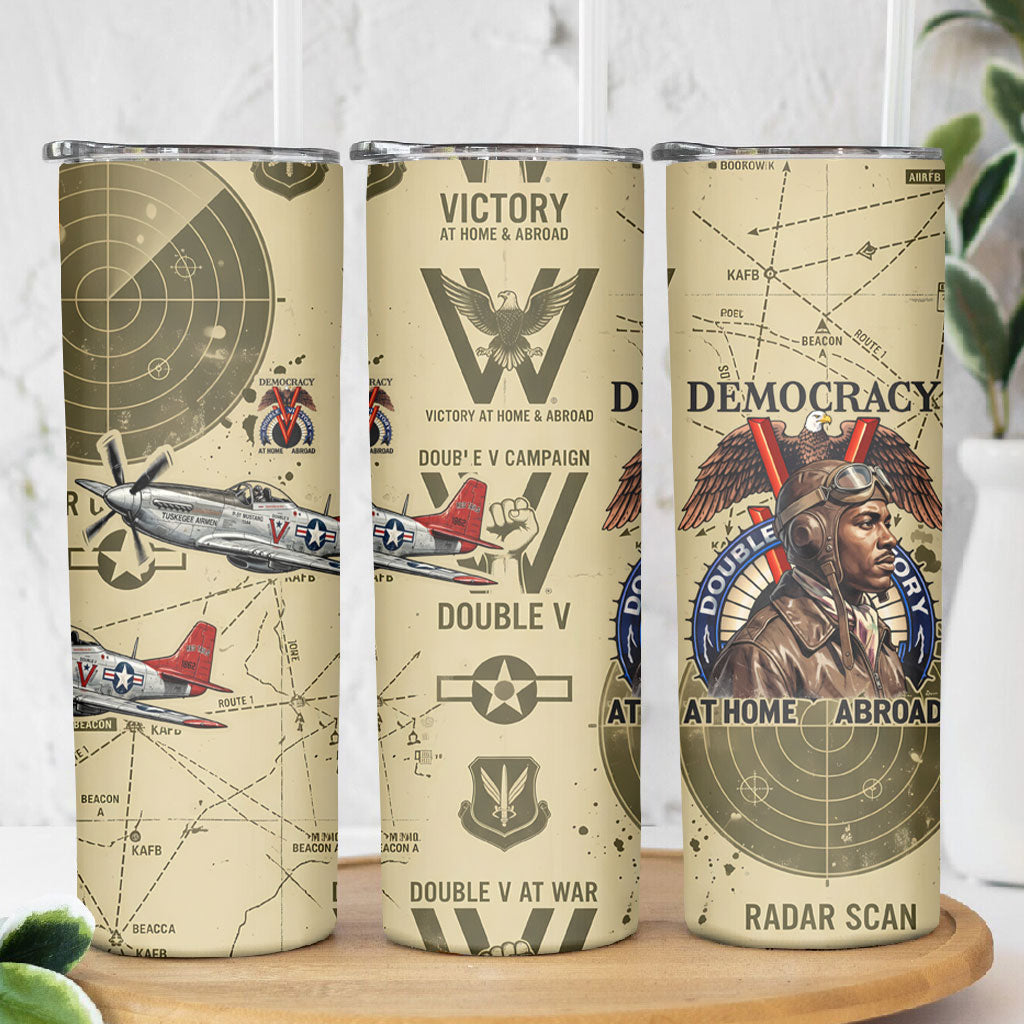 Double V Campaign Tuskegee Airmen Skinny Tumbler Vintage Military Aviation P-51 Mustang World War II Art