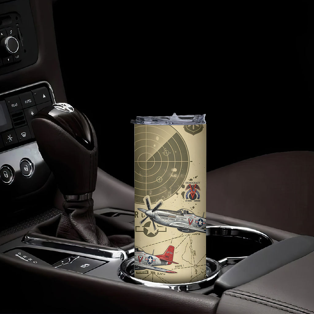 Double V Campaign Tuskegee Airmen Skinny Tumbler Vintage Military Aviation P-51 Mustang World War II Art