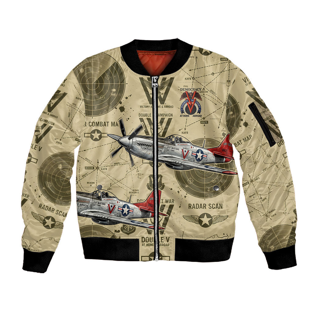 Double V Campaign Tuskegee Airmen Sleeve Zip Bomber Jacket Vintage Military Aviation P-51 Mustang World War II Art