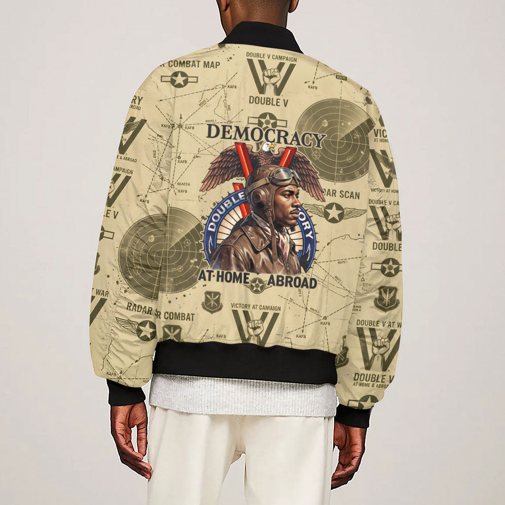 Double V Campaign Tuskegee Airmen Sleeve Zip Bomber Jacket Vintage Military Aviation P-51 Mustang World War II Art