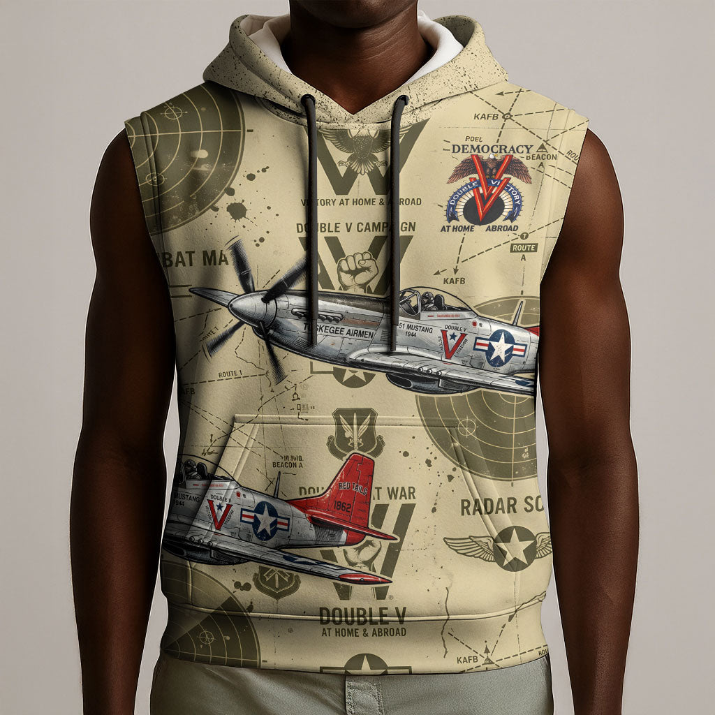 Double V Campaign Tuskegee Airmen Sleeveless Hoodie Vintage Military Aviation P-51 Mustang World War II Art