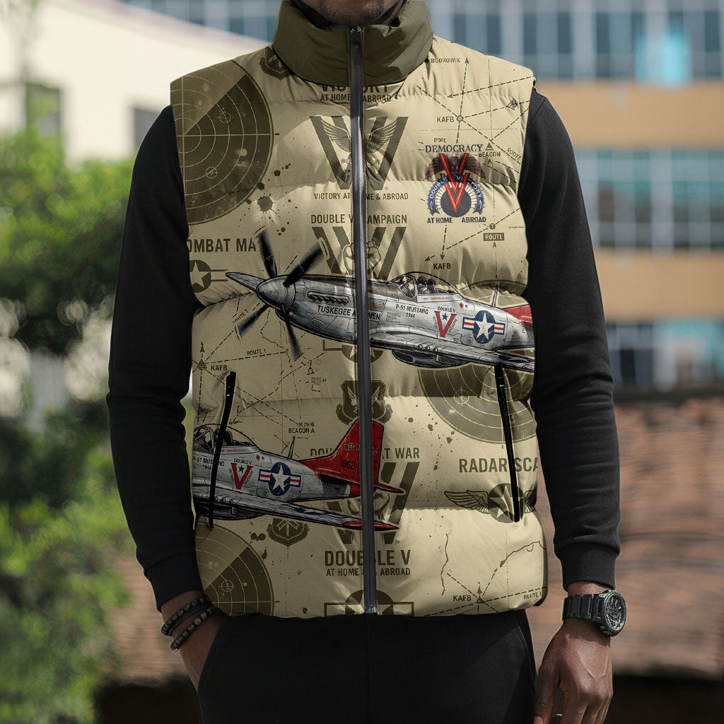 Double V Campaign Tuskegee Airmen Sleeveless Puffer Jacket Vintage Military Aviation P-51 Mustang World War II Art
