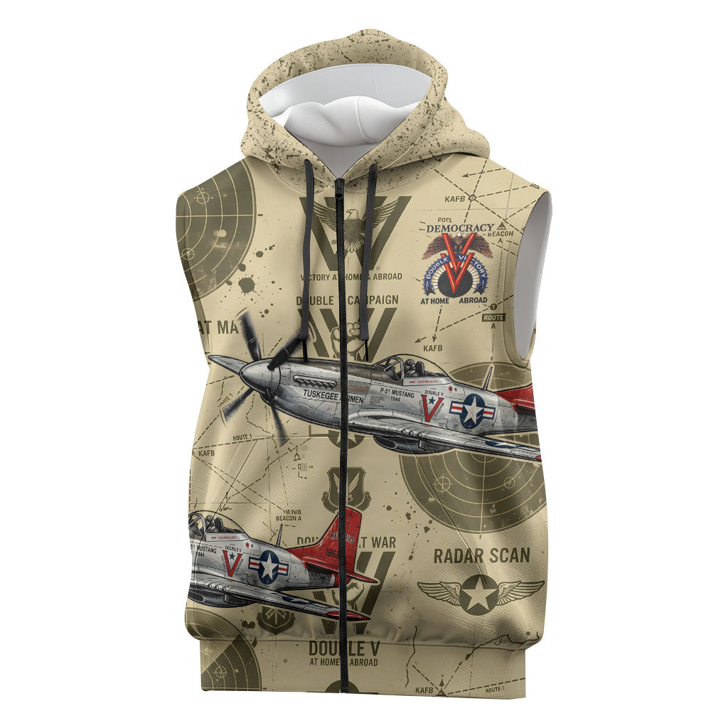 Double V Campaign Tuskegee Airmen Sleeveless Zip Hoodie Vintage Military Aviation P-51 Mustang World War II Art