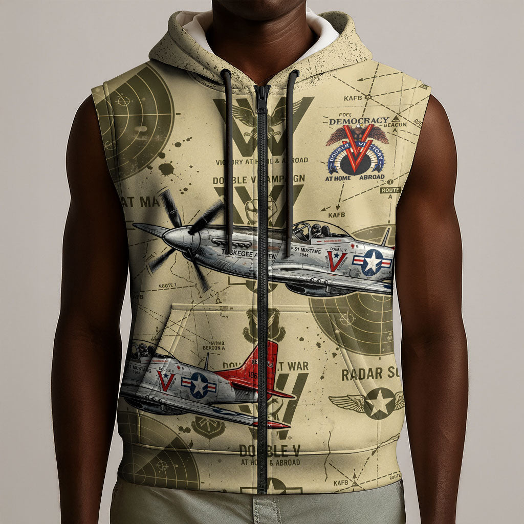 Double V Campaign Tuskegee Airmen Sleeveless Zip Hoodie Vintage Military Aviation P-51 Mustang World War II Art