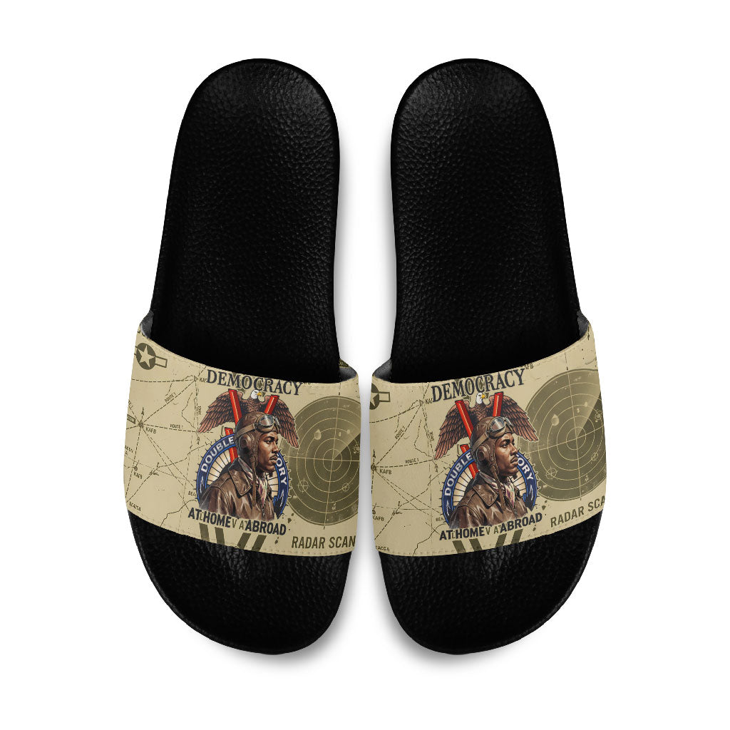 Double V Campaign Tuskegee Airmen Slide Sandals Vintage Military Aviation P-51 Mustang World War II Art