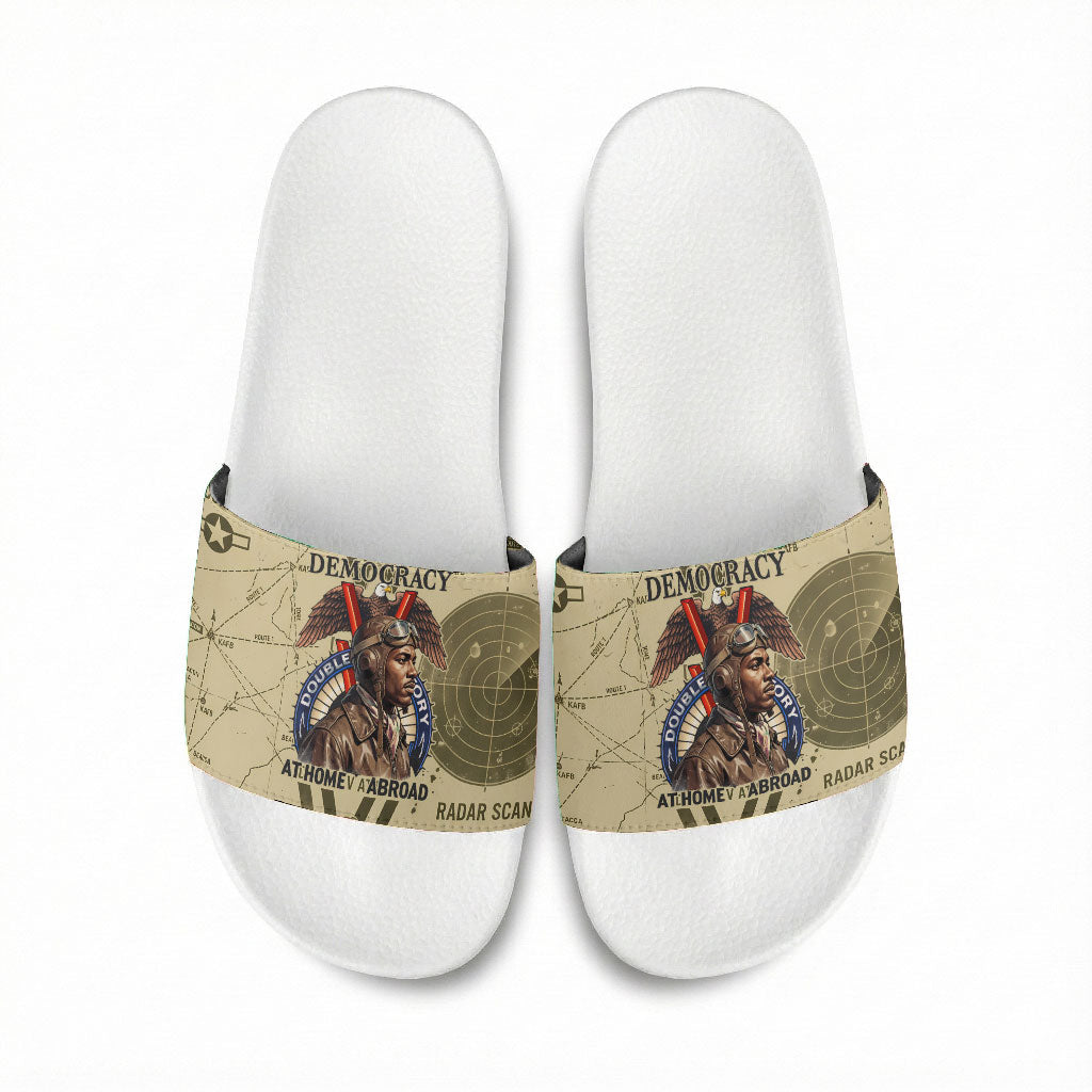 Double V Campaign Tuskegee Airmen Slide Sandals Vintage Military Aviation P-51 Mustang World War II Art