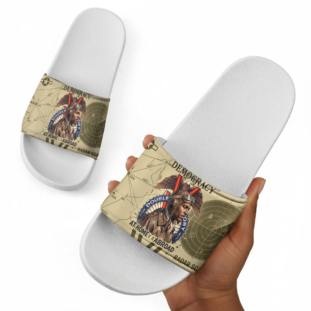 Double V Campaign Tuskegee Airmen Slide Sandals Vintage Military Aviation P-51 Mustang World War II Art