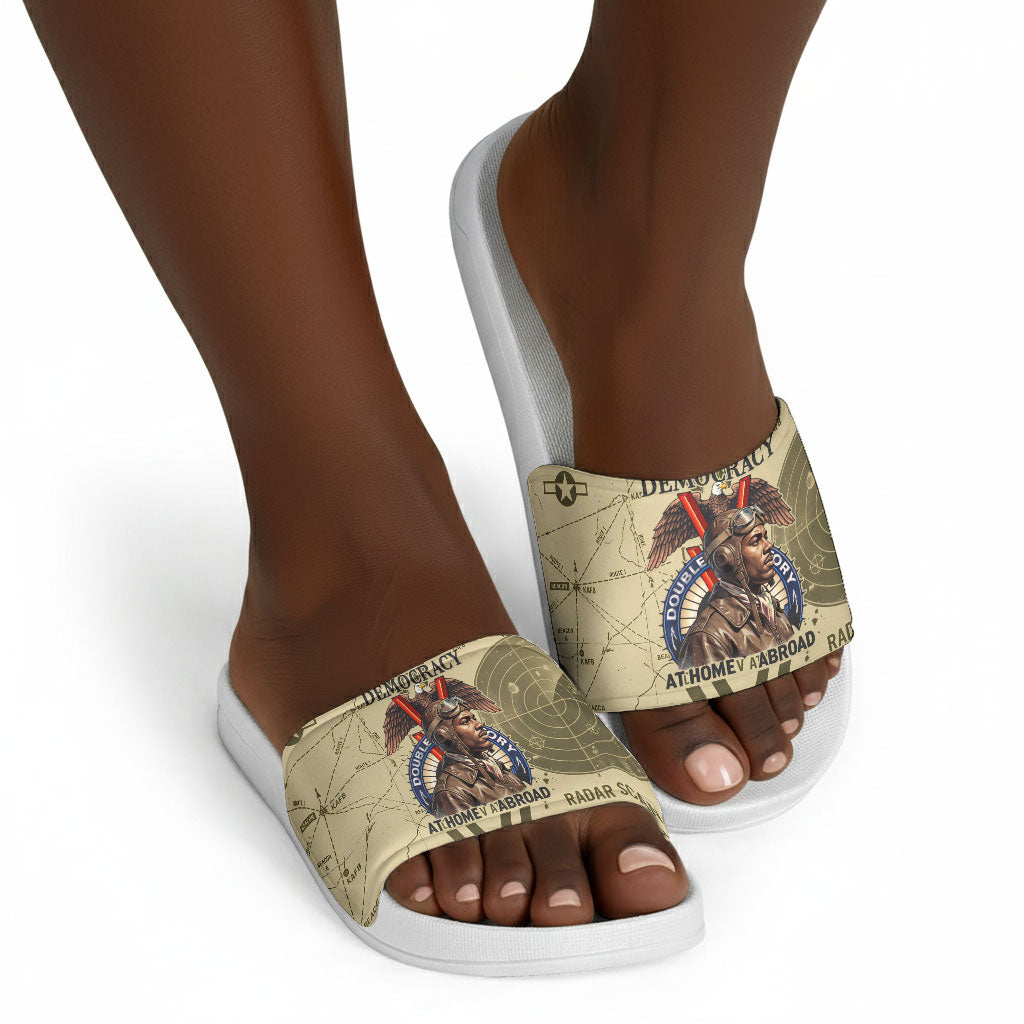 Double V Campaign Tuskegee Airmen Slide Sandals Vintage Military Aviation P-51 Mustang World War II Art