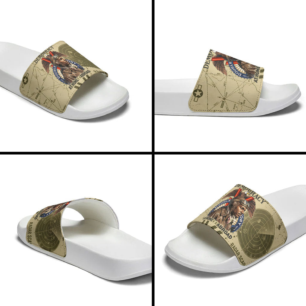 Double V Campaign Tuskegee Airmen Slide Sandals Vintage Military Aviation P-51 Mustang World War II Art