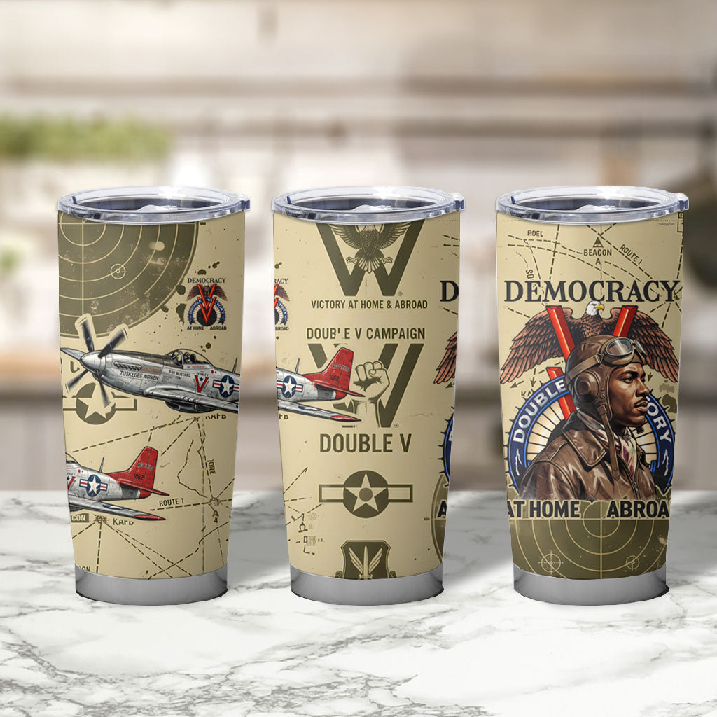 Double V Campaign Tuskegee Airmen Tumbler Cup Vintage Military Aviation P-51 Mustang World War II Art
