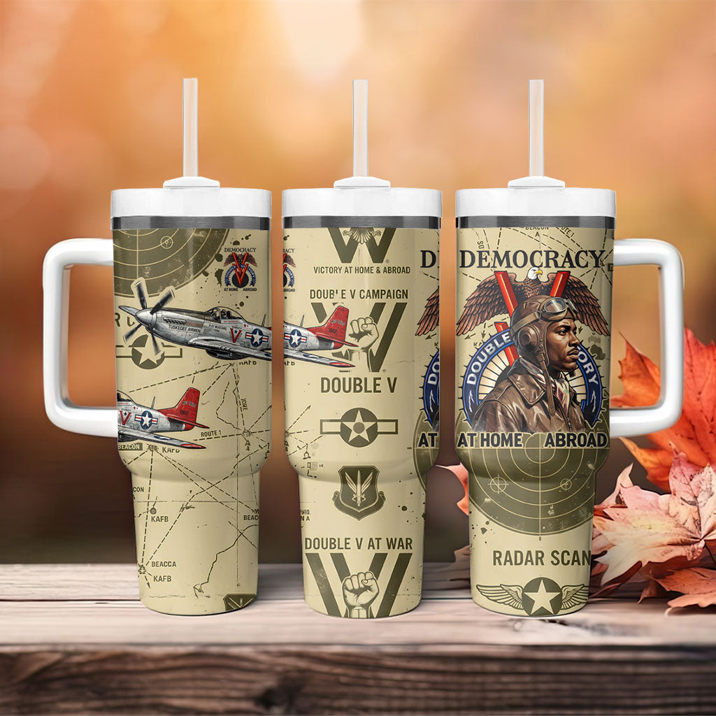 Double V Campaign Tuskegee Airmen Tumbler With Handle Vintage Military Aviation P-51 Mustang World War II Art
