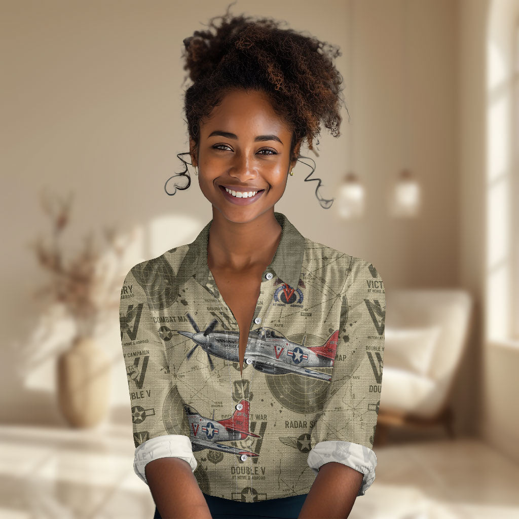 Double V Campaign Tuskegee Airmen Women Casual Shirt Vintage Military Aviation P-51 Mustang World War II Art