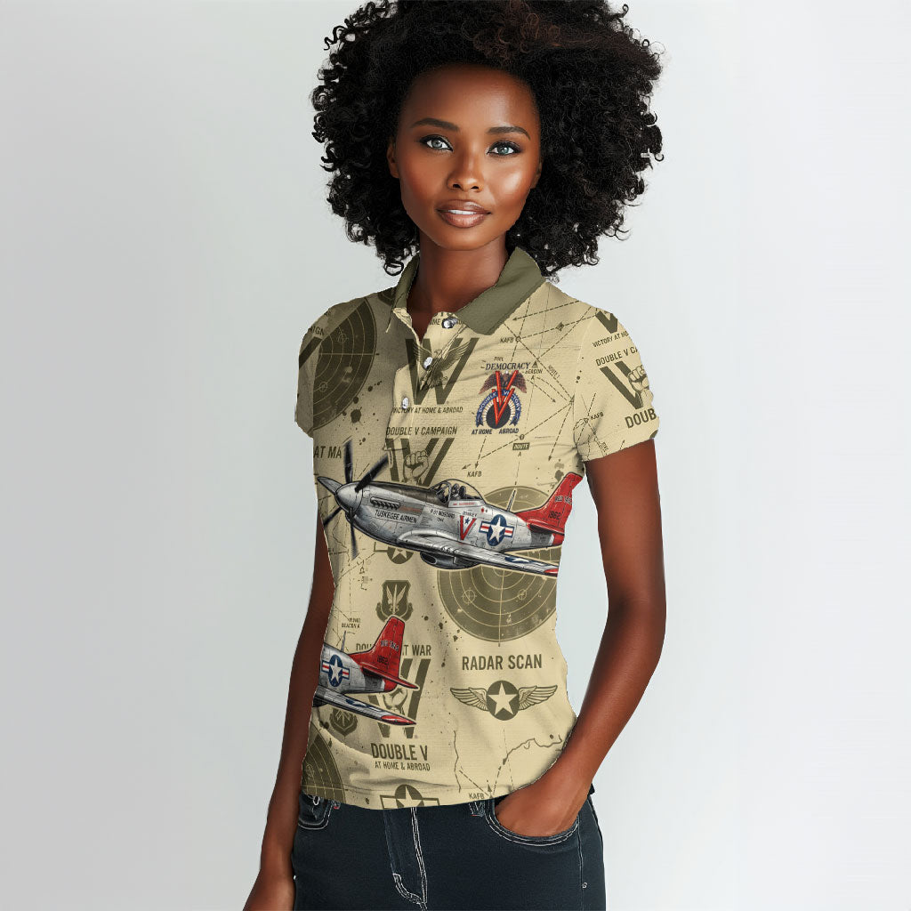 Double V Campaign Tuskegee Airmen Women Polo Shirt Vintage Military Aviation P-51 Mustang World War II Art