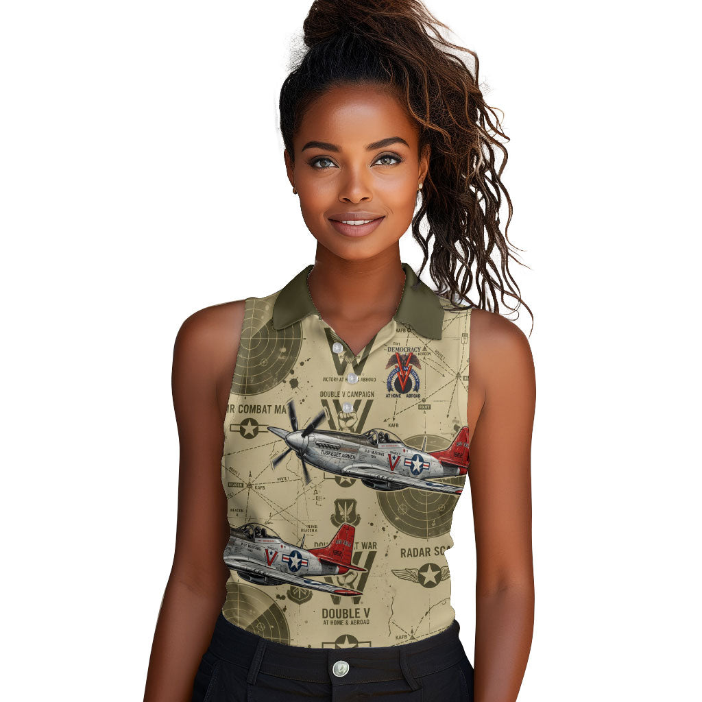 Double V Campaign Tuskegee Airmen Women Sleeveless Polo Shirt Vintage Military Aviation P-51 Mustang World War II Art