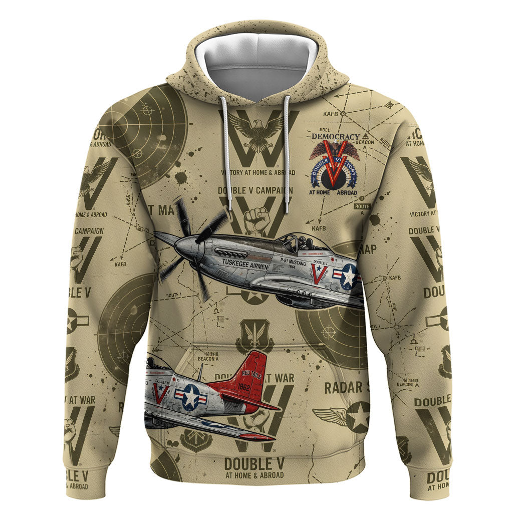 Double V Campaign Tuskegee Airmen Zip Hoodie Vintage Military Aviation P-51 Mustang World War II Art