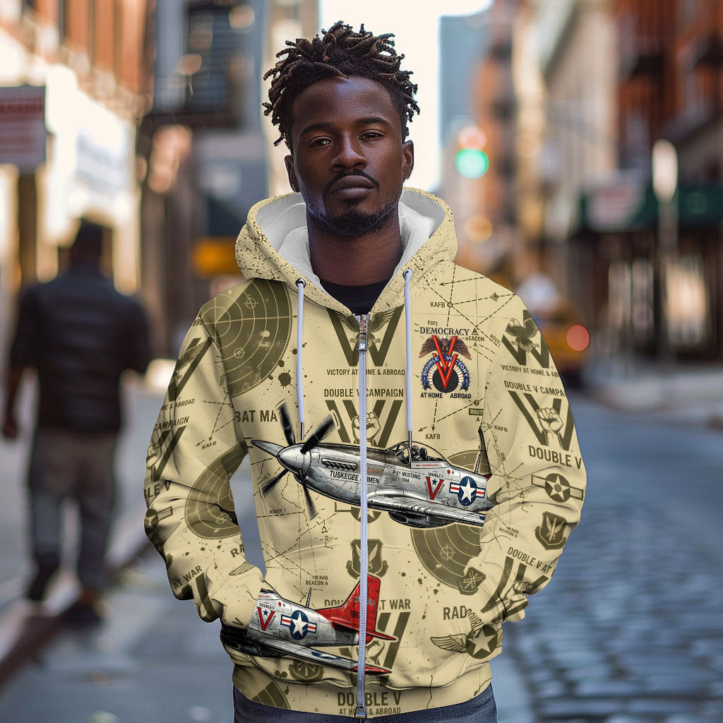 Double V Campaign Tuskegee Airmen Zip Hoodie Vintage Military Aviation P-51 Mustang World War II Art