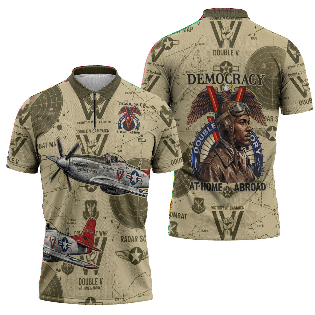 Double V Campaign Tuskegee Airmen Zipper Polo Shirt Vintage Military Aviation P-51 Mustang World War II Art