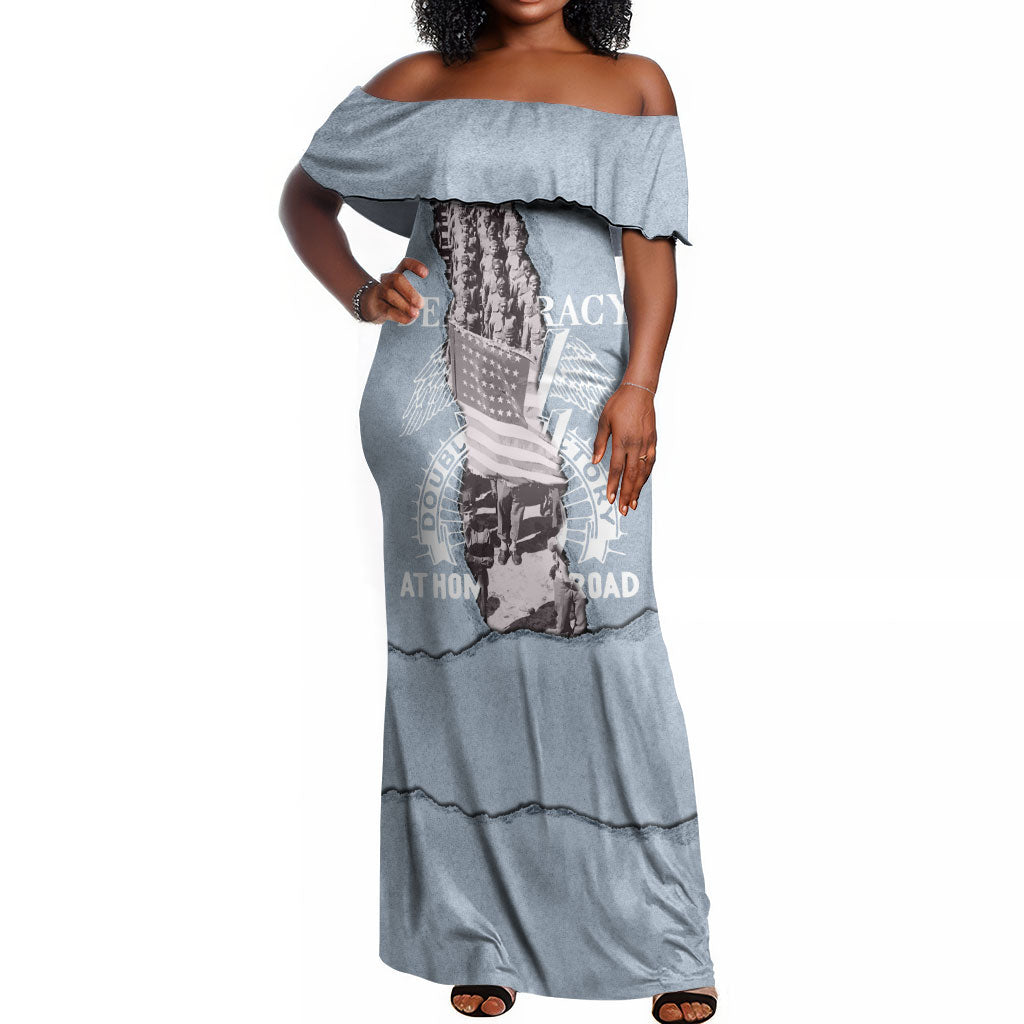 Double V Campaign American Democracy Off Shoulder Maxi Dress Military Buffalo Soldiers World War II Heritage Art