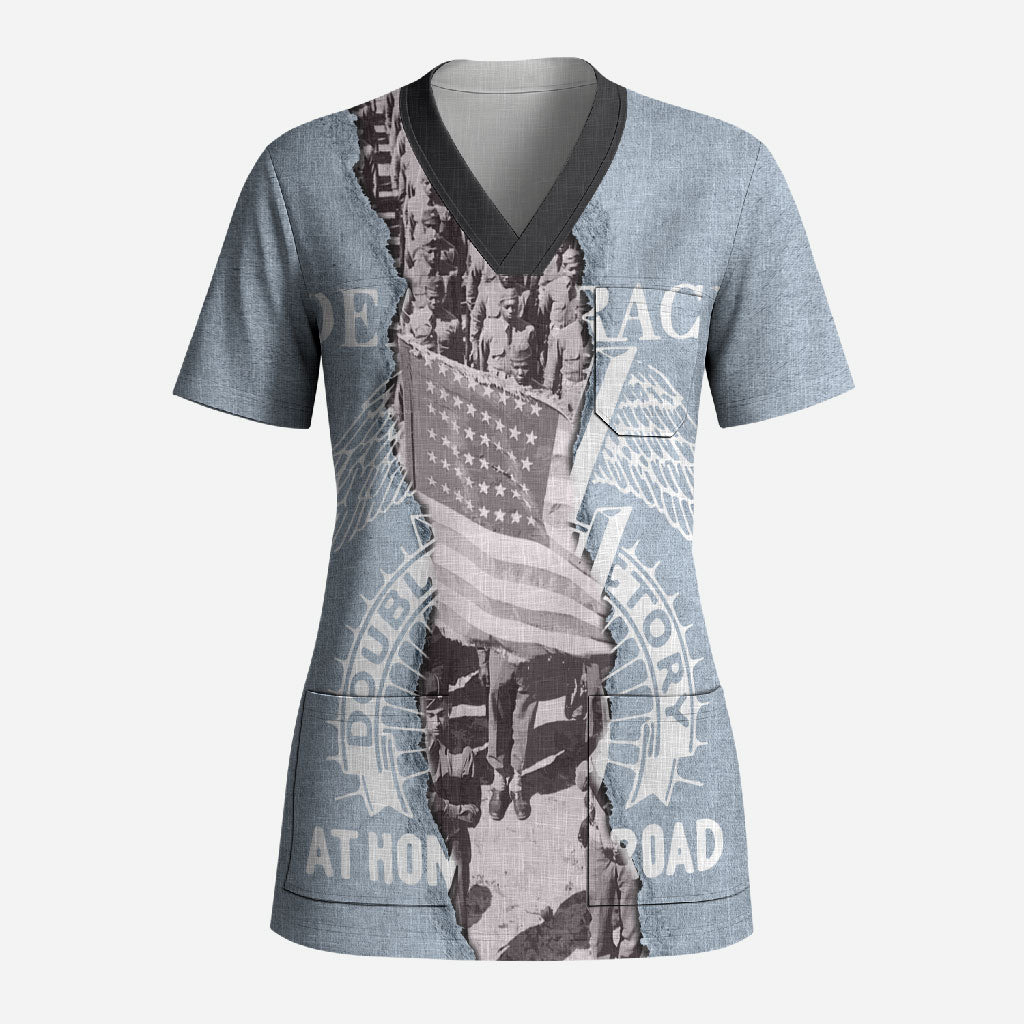 Double V Campaign American Democracy Scrub Top Military Buffalo Soldiers World War II Heritage Art