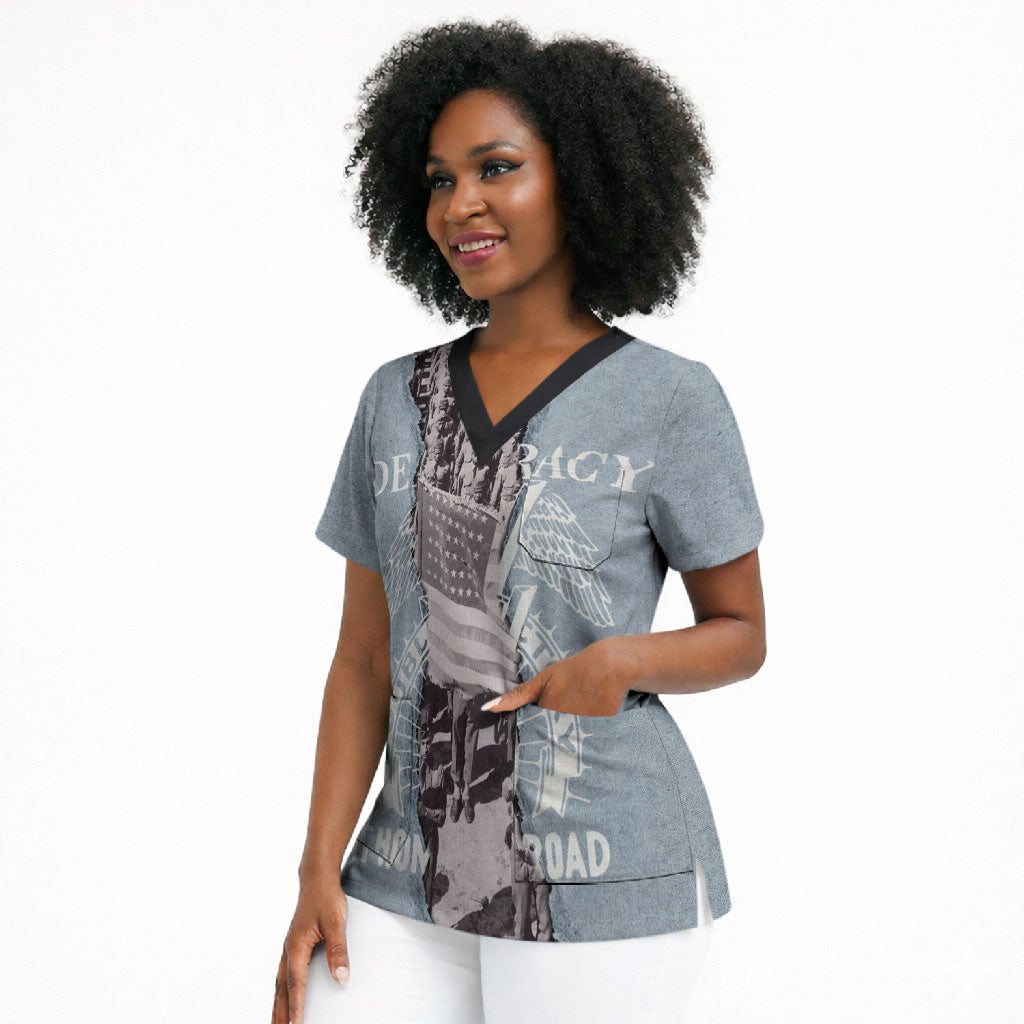 Double V Campaign American Democracy Scrub Top Military Buffalo Soldiers World War II Heritage Art