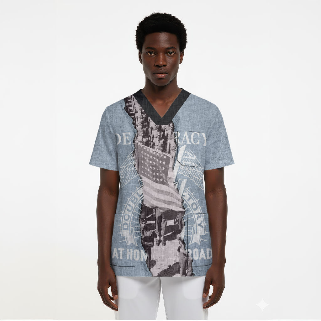 Double V Campaign American Democracy Scrub Top Military Buffalo Soldiers World War II Heritage Art