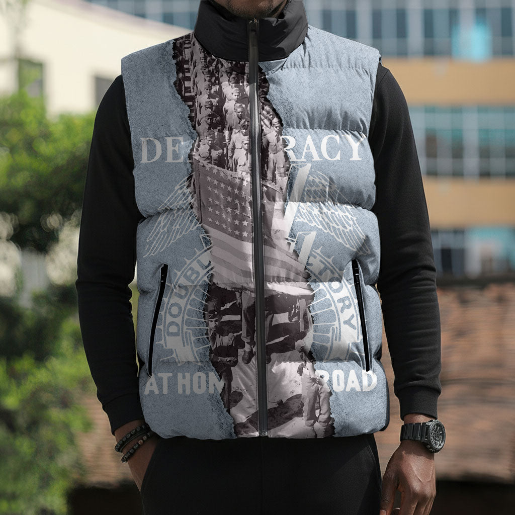Double V Campaign American Democracy Sleeveless Puffer Jacket Military Buffalo Soldiers World War II Heritage Art