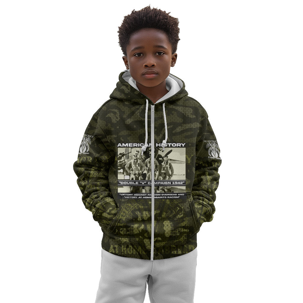 Double V Campaign American History 1942 Kid Hoodie Military Camouflage Tuskegee Airmen World War II