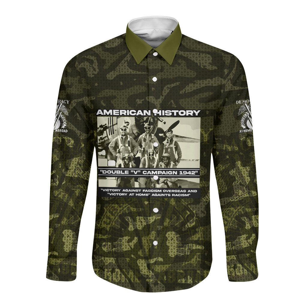 Double V Campaign American History 1942 Long Sleeve Button Shirt Military Camouflage Tuskegee Airmen World War II