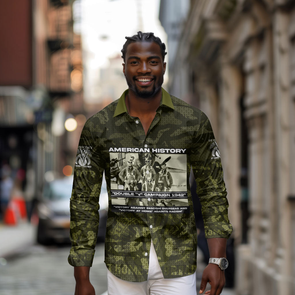 Double V Campaign American History 1942 Long Sleeve Button Shirt Military Camouflage Tuskegee Airmen World War II