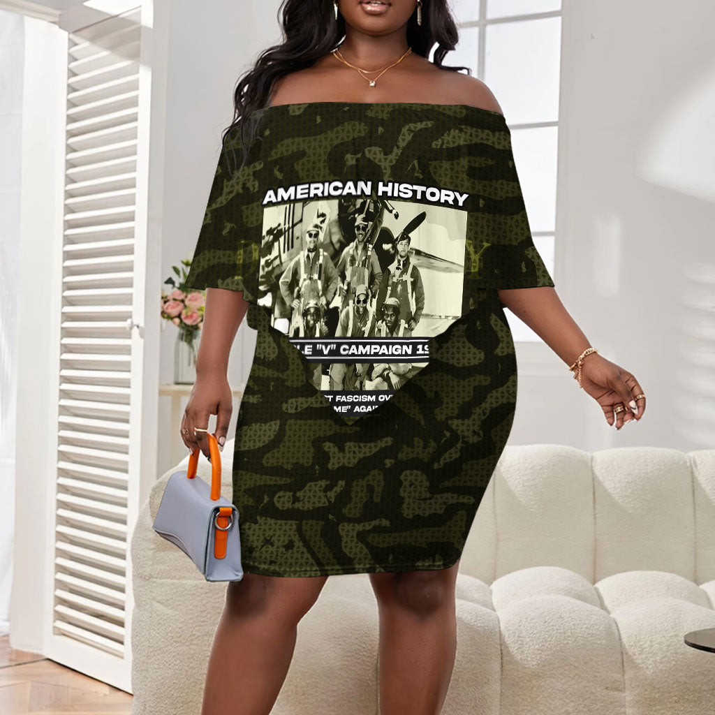 Double V Campaign American History 1942 Off Shoulder Short Dress Military Camouflage Tuskegee Airmen World War II