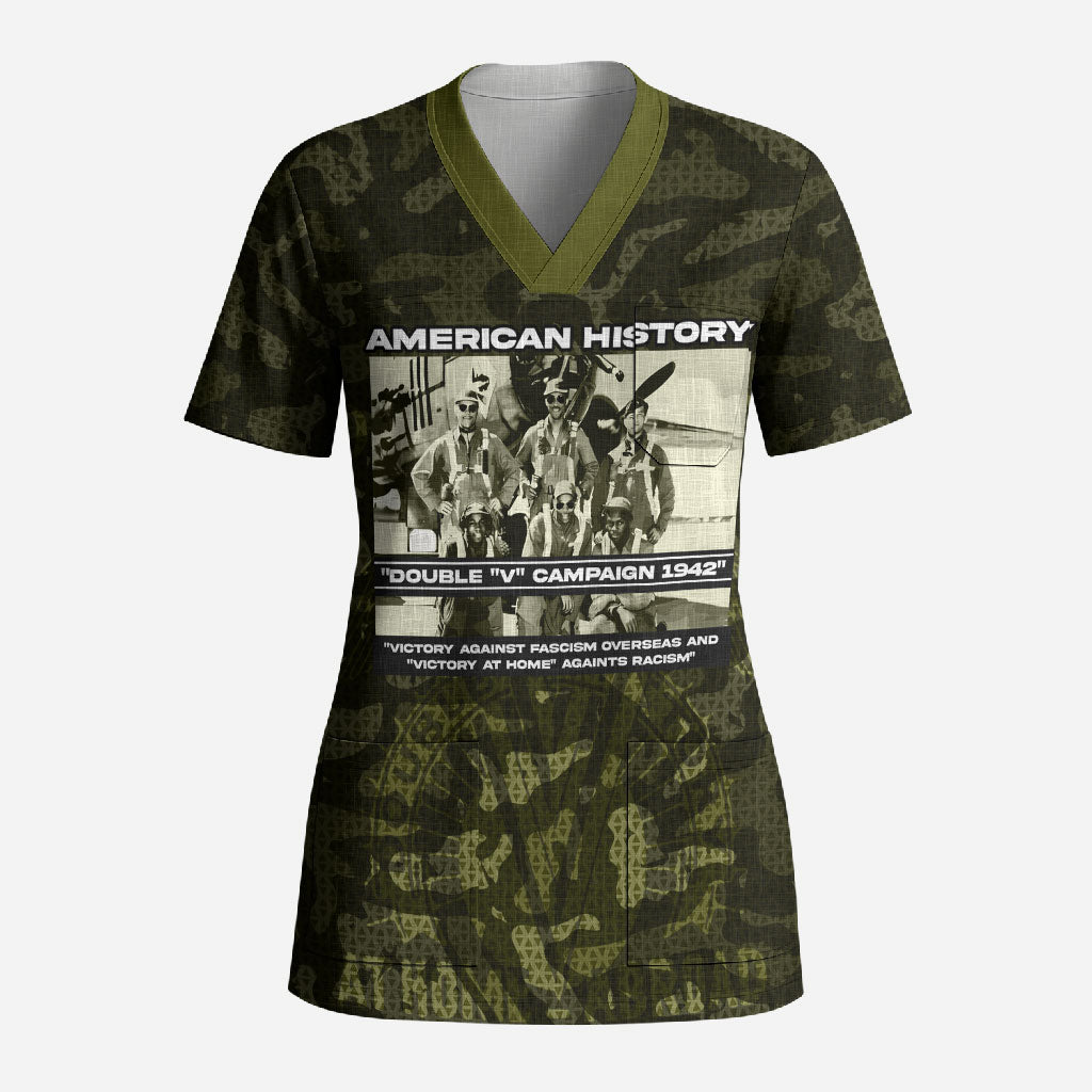 Double V Campaign American History 1942 Scrub Top Military Camouflage Tuskegee Airmen World War II