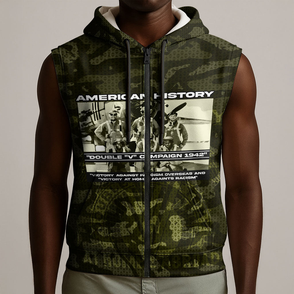 Double V Campaign American History 1942 Sleeveless Zip Hoodie Military Camouflage Tuskegee Airmen World War II