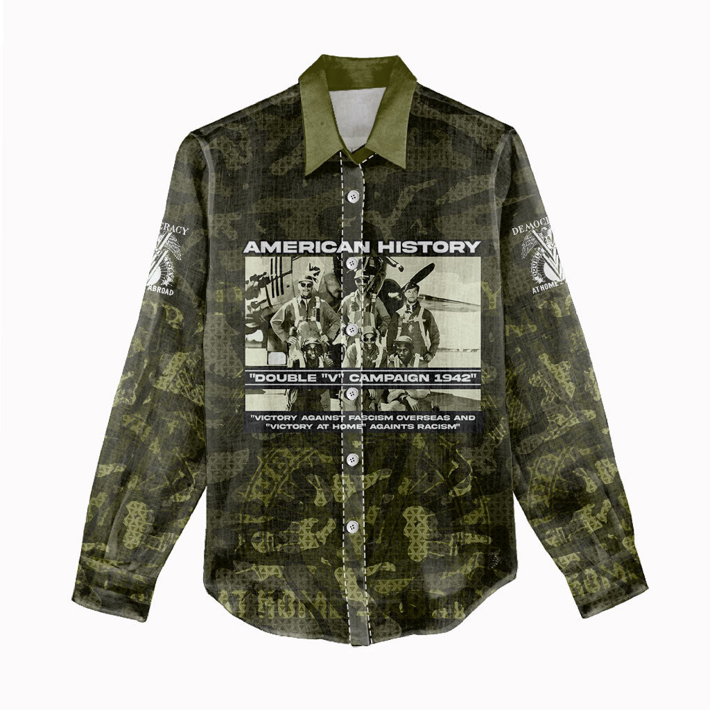 Double V Campaign American History 1942 Women Casual Shirt Military Camouflage Tuskegee Airmen World War II