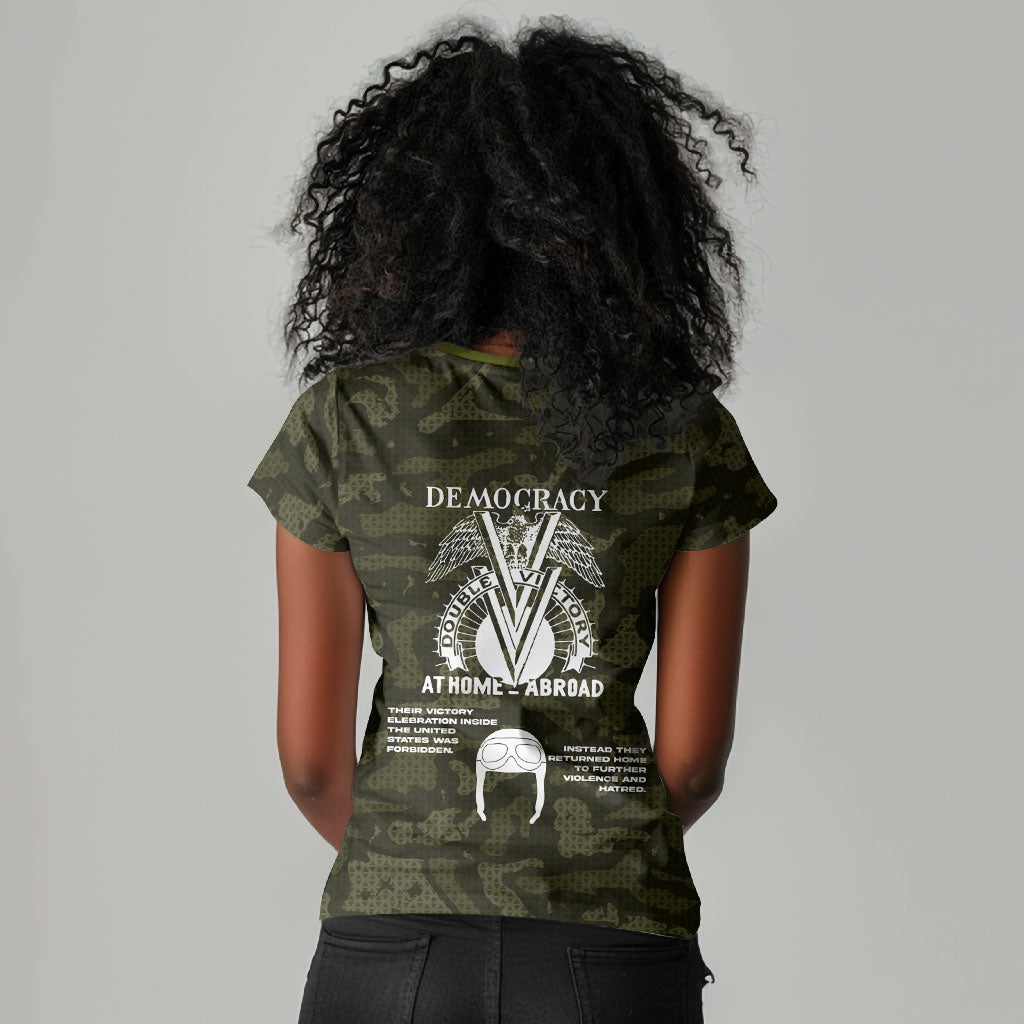 Double V Campaign American History 1942 Women V-Neck T-Shirt Military Camouflage Tuskegee Airmen World War II