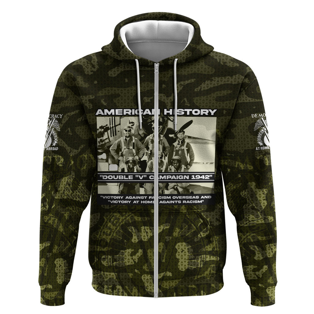 Double V Campaign American History 1942 Zip Hoodie Military Camouflage Tuskegee Airmen World War II