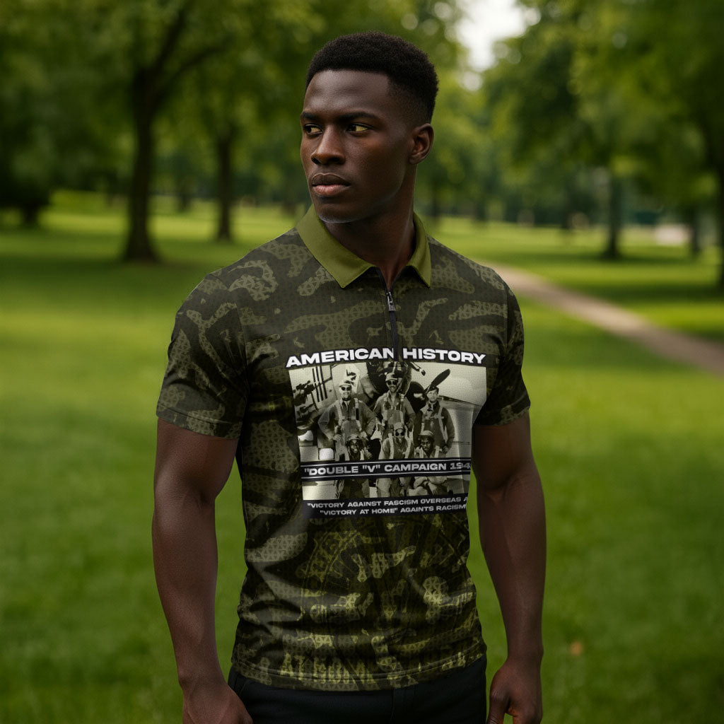 Double V Campaign American History 1942 Zipper Polo Shirt Military Camouflage Tuskegee Airmen World War II