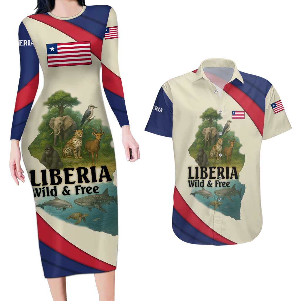 Liberia Wildlife Couples Matching Long Sleeve Bodycon Dress and Hawaiian Shirt with African Safari and Ocean Marine Life Design