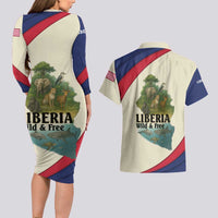 Liberia Wildlife Couples Matching Long Sleeve Bodycon Dress and Hawaiian Shirt with African Safari and Ocean Marine Life Design